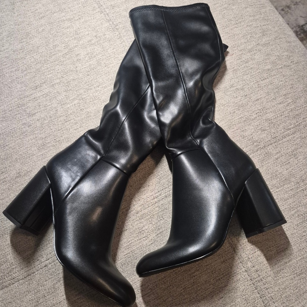 Womens Black Faux Leather Tall Block Heel Boots Almond Toe Side Zip Size 6.5